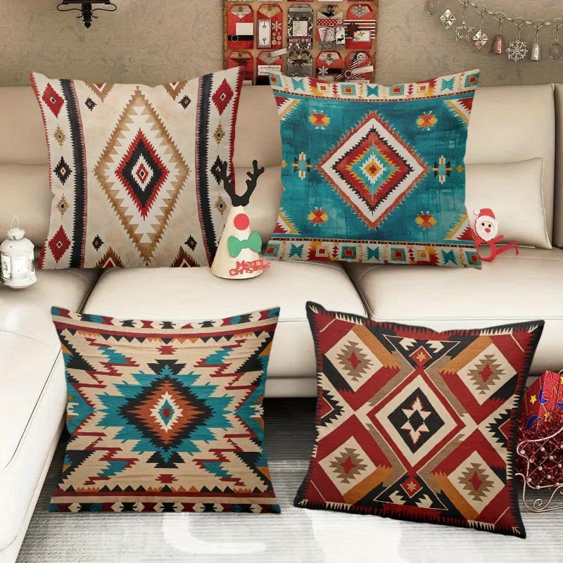 housse coussin motif aztèque ethnique beige bleu rouge noir marron polyester carré 45x45cm