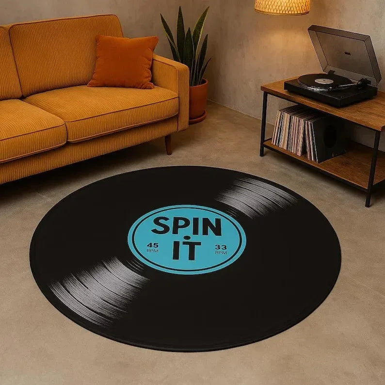 tapis rond vintage disque vinyle noir retro sound salon chambre decoratif machine