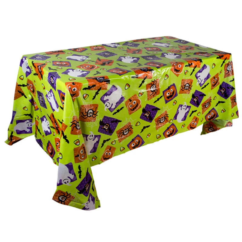 nappe table halloween araignées citrouilles fantômes violet orange vert festive pliante plastique transparente opaquement