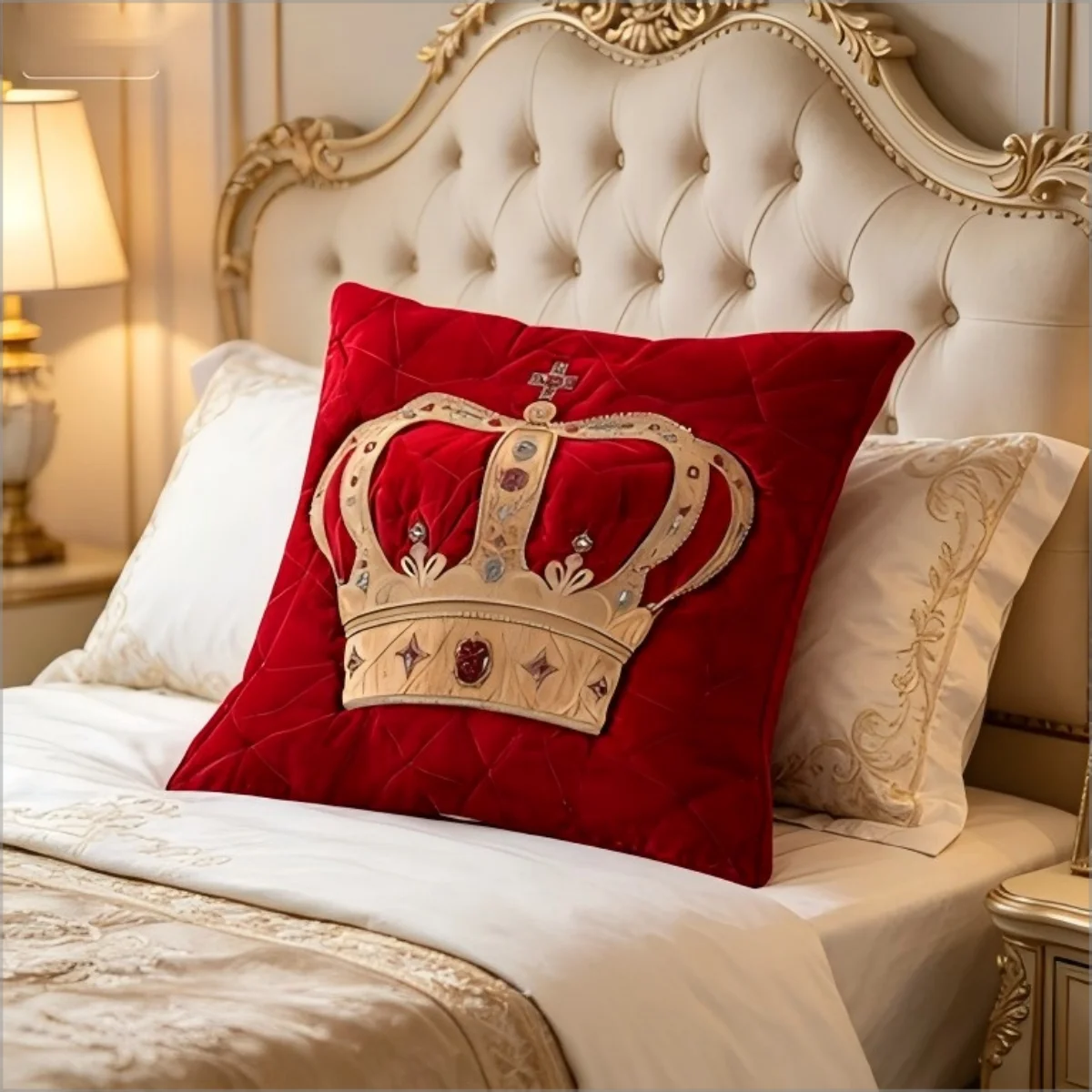 housse coussin carré velours rouge couronne dorée pierres précieuses royal décoration intérieure chambre canapé