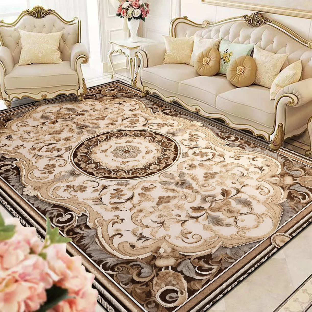Décor élégant avec des meubles de style baroque et un tapis à motifs floraux complexes, créant une atmosphère chaleureuse et raffinée dans cette pièce.