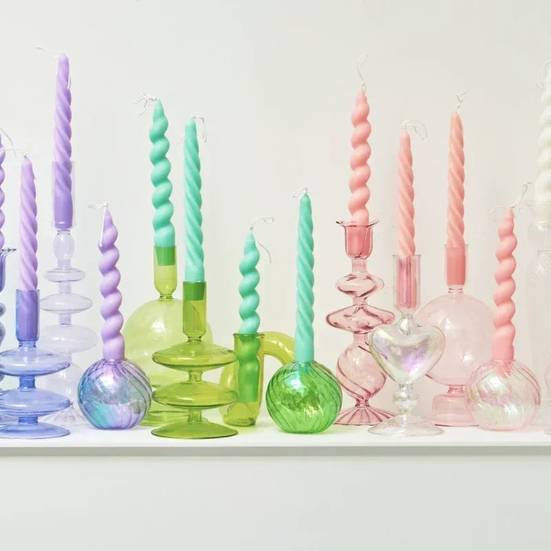 support verre moderne bougies spirales décoratif violet bleu rose vert maison
