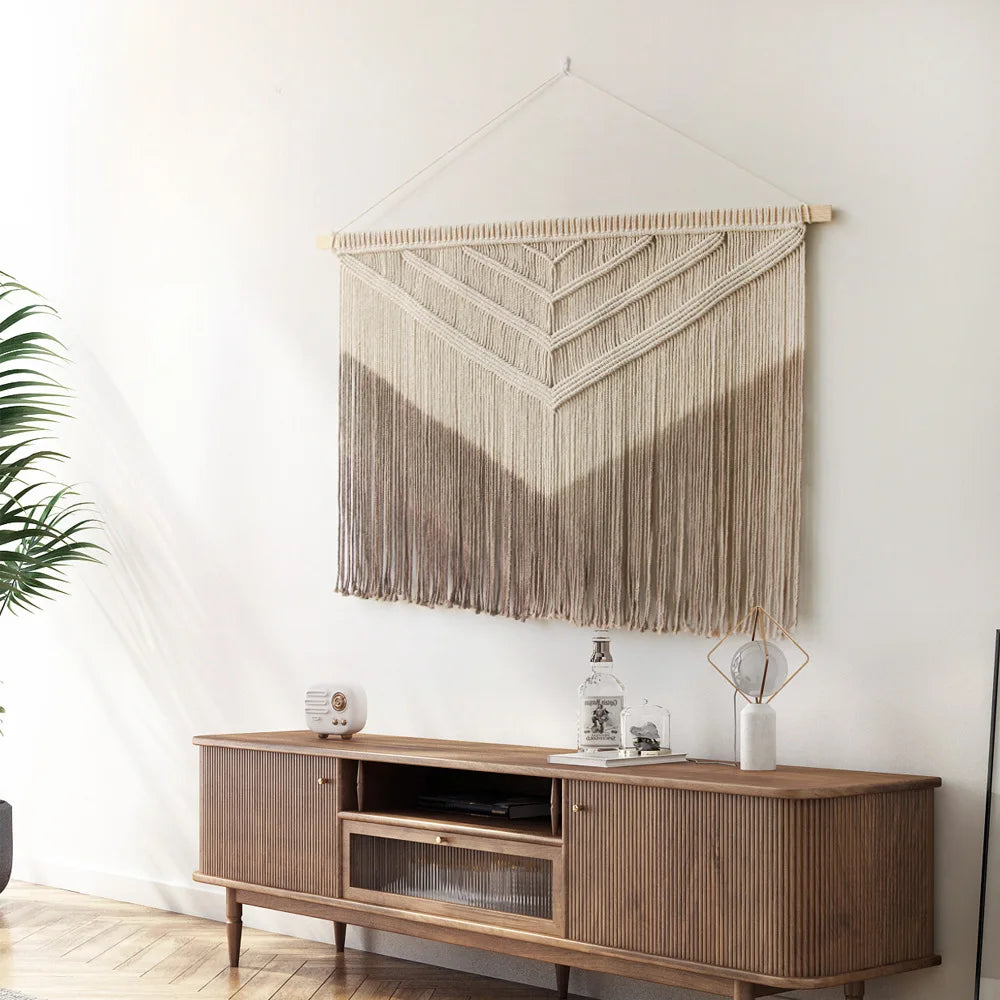 tapisserie macramé motif géométrique franges boho chic beige clair tissage polyester coton fixations