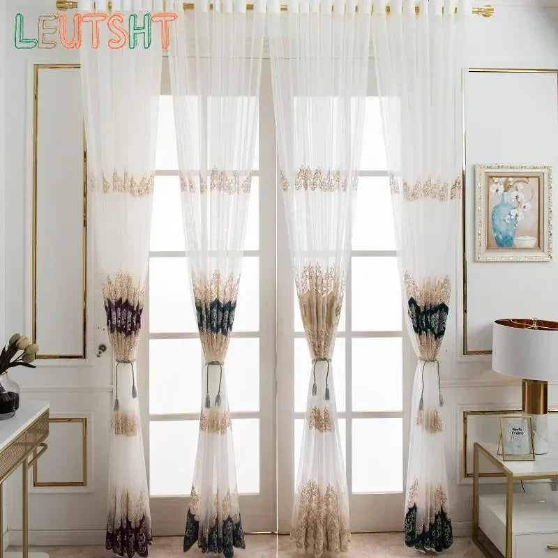 rideau blanc brodé fenêtre moderne polyester ornement floral transparent élégantôtel