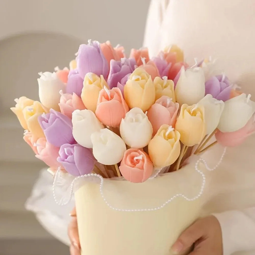 bougies parfumées forme tulipe motif floral 3d bouquet fleurs artificielles violet rose blanc