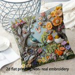 coussin brodé oiseaux fleurs artisanal maison polyester bleu marron vert orange Jaune rose blanc