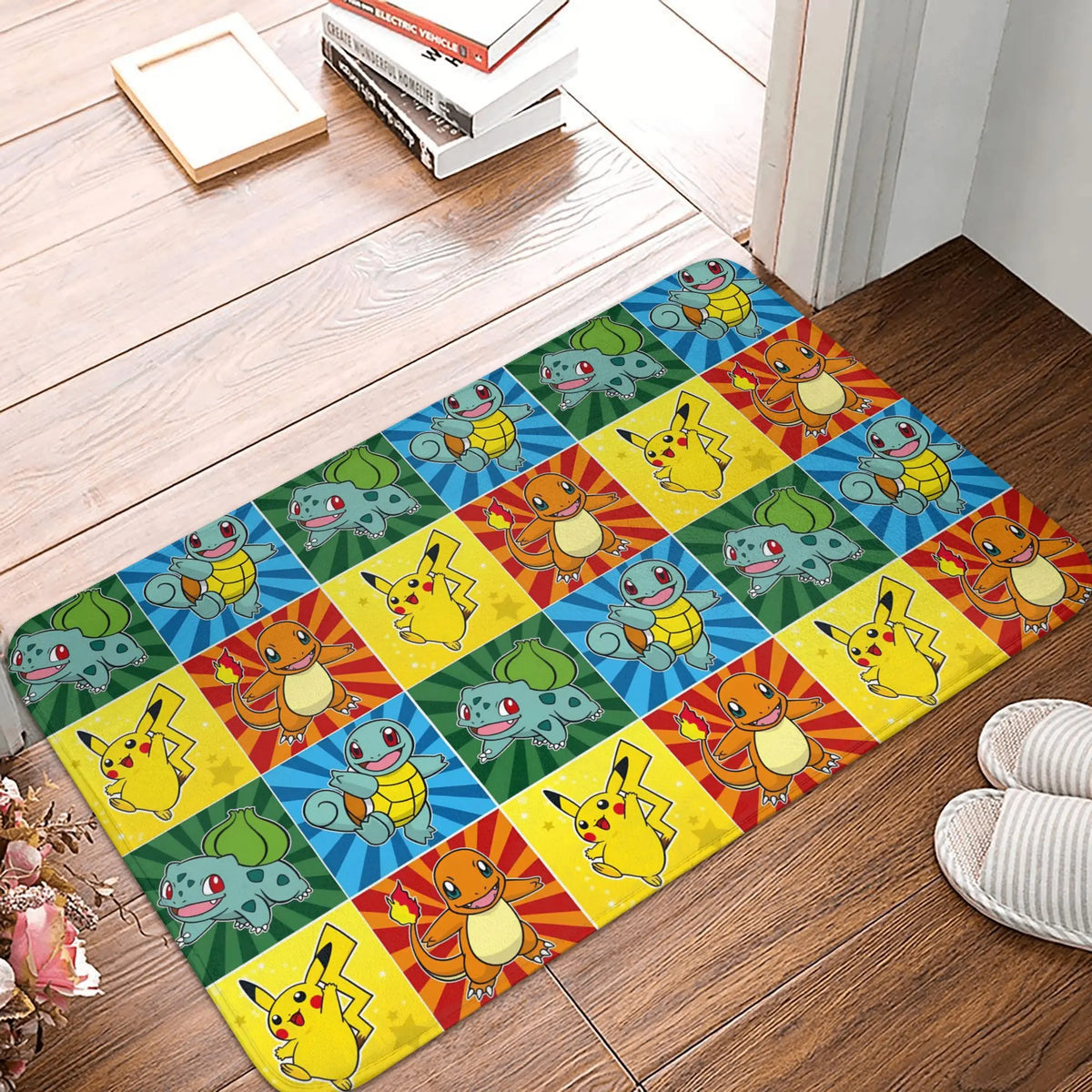 tapis sol antidérapant pikachu jaune noir rouge cartoon pois flanelle 60x40cm chambre cuisine salon