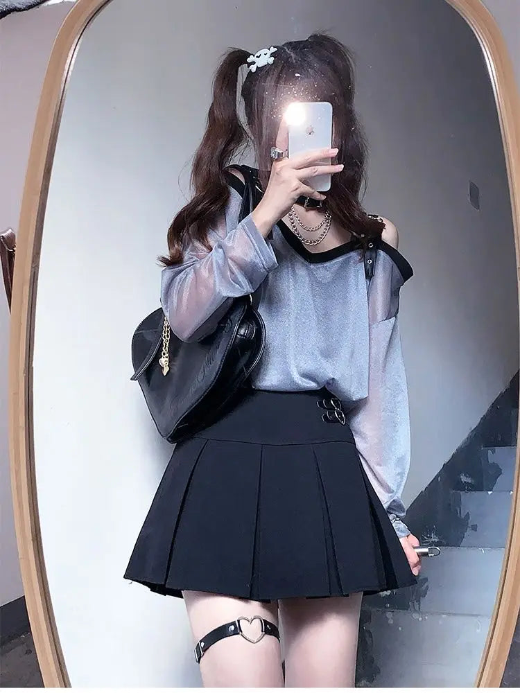 Haut gris translucide femmes bandes noires moderne cou fendu printemps été polyesters transparent