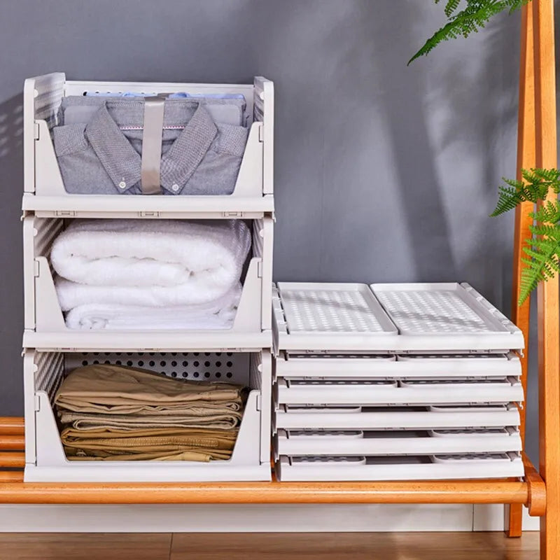 paniers rangement blancs perforés empilables respectueux environnement moderne fournis clips armoire vêtements pliés