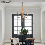 lustre vintage rustique bois naturel métal noir trois lumières suspension entrée couloir