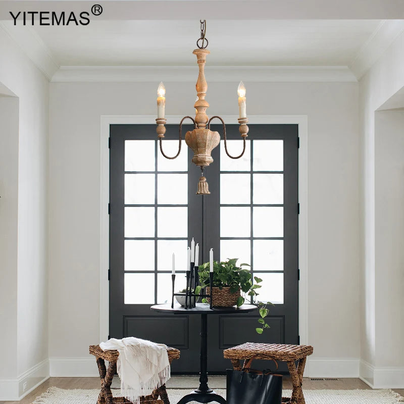 lustre vintage rustique bois naturel métal noir trois lumières suspension entrée couloir