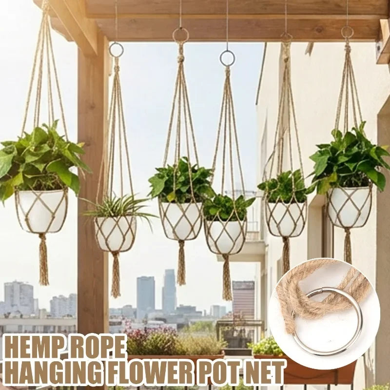 supports suspendus plante macramé tissé boho beige blanc gris anneaux métalliques artisanal fleur jardins