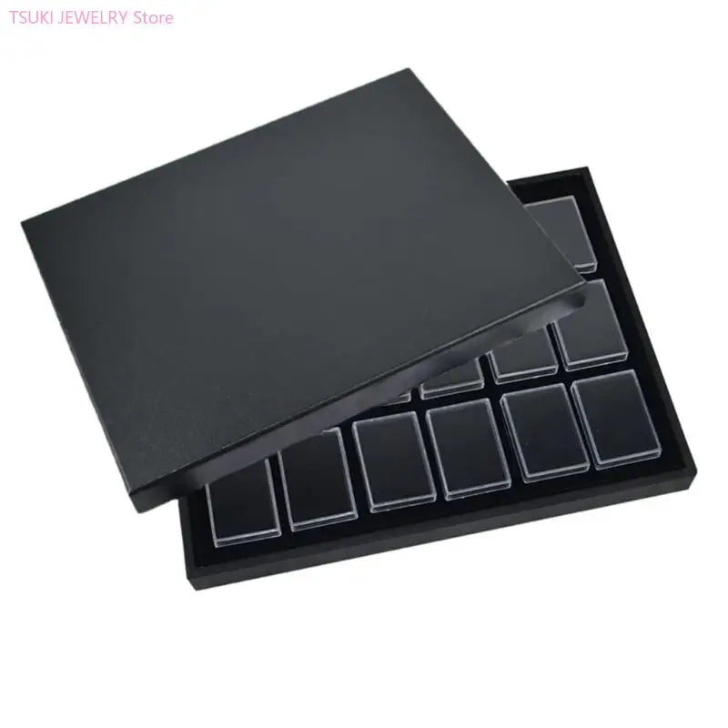 boîte bijoux moderne noire blanche transparente 18 compartiments plateaux carrés plastique minimaliste