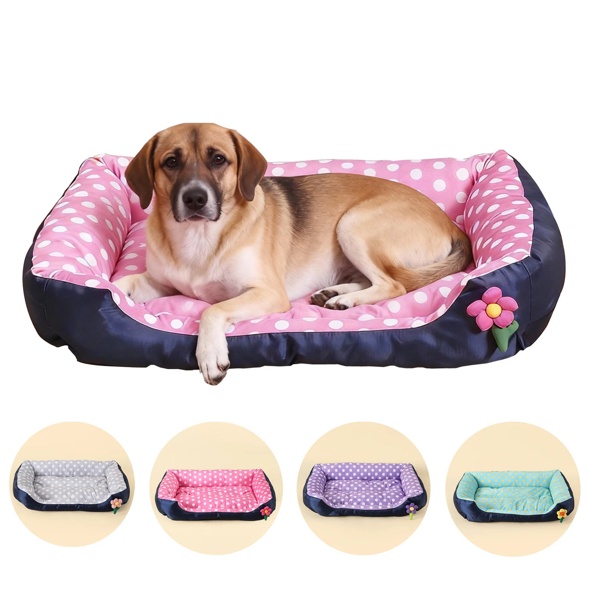 lit chien rose points blancs bleu marine points jaunes confortable moderne