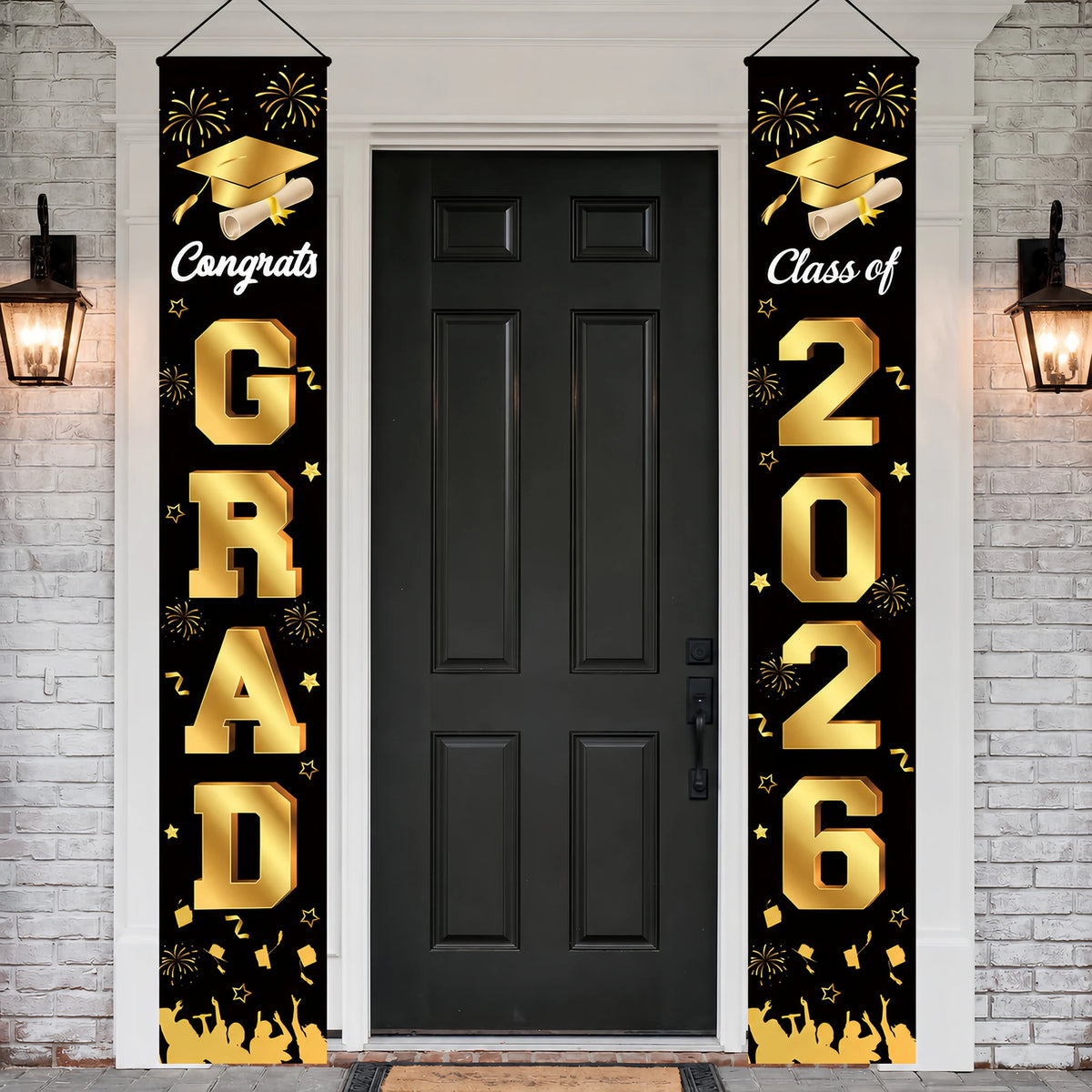 bannières graduation noir doré étoiles confettis caps moderne festives 2026 congratulations proud