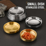 assiettes rondes inox lisses modernes argent doré sauces snacks transparentes maison restaurant