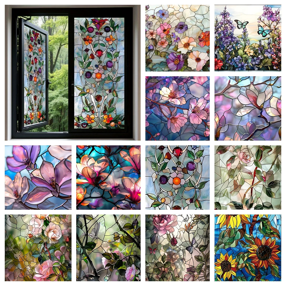 film décoratif fleurs feuilles multicolore adhésif opacité art deco vitrail maison fenêtre 45cm 90cm
