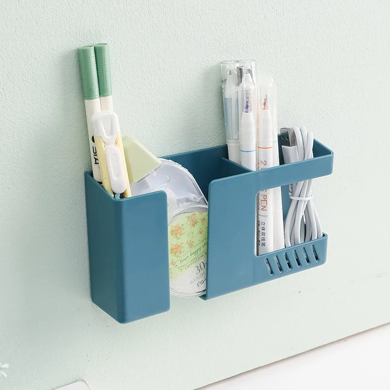 porte accessoires mural moderne bleu jaune rouge adhésif téléphone réveil crayons brosses miroir dentifrice