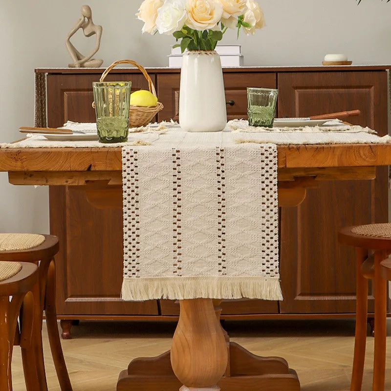 chemin table tressé rustique bohème beige marron blanc franges noel halloween pâques