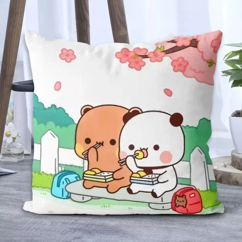 coussin carré mignon personnages ours lapin imprimé beige rose blanc doux cartoon