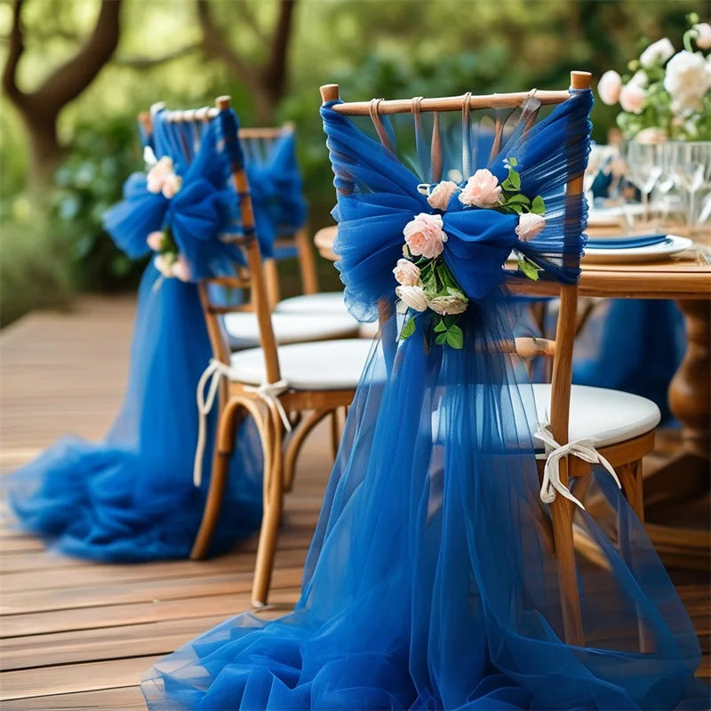 tulle bleu transparent finement tissé ruban blanc décoration mariage anniversaire événements élégante longueur grande