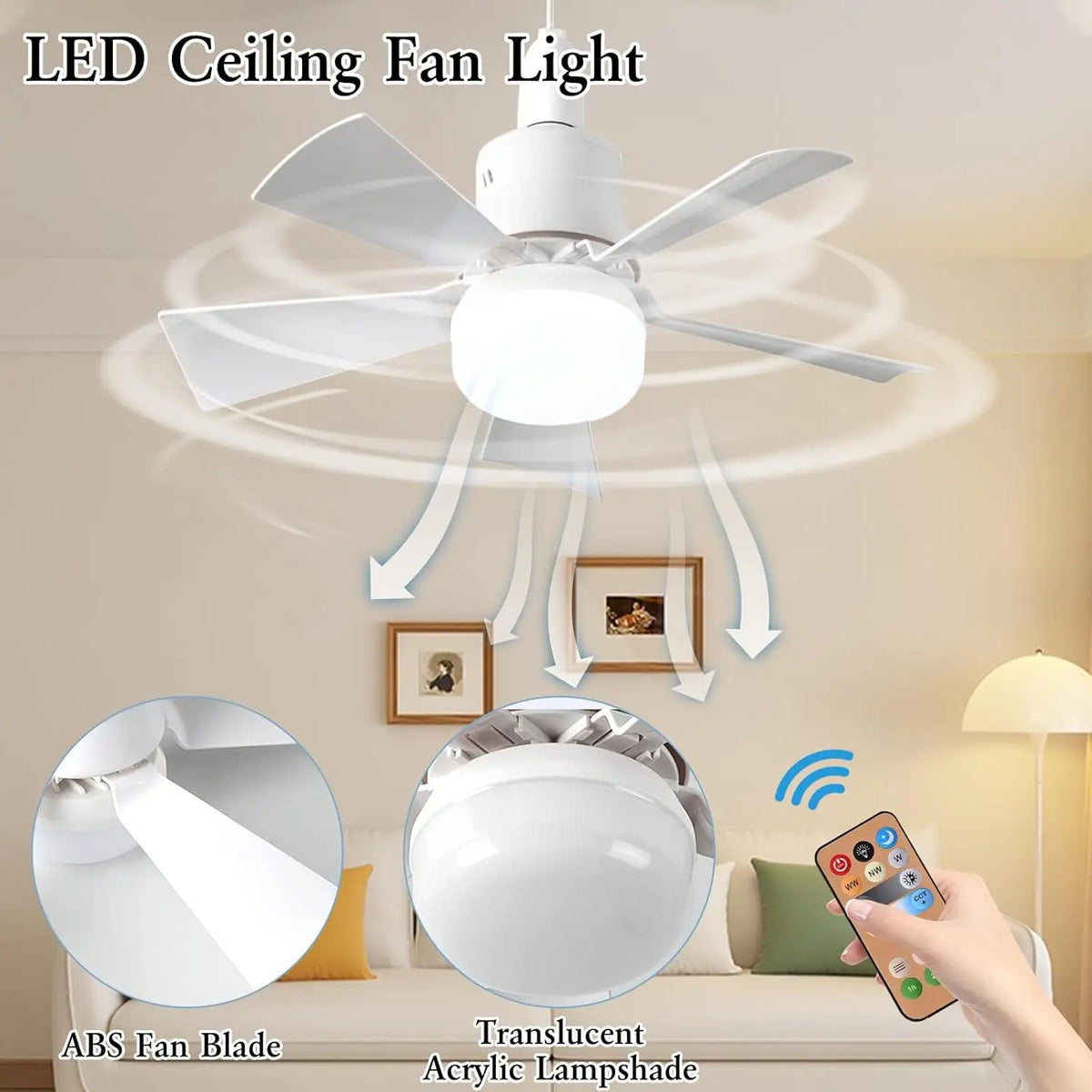 ventilateur led lumière télécommande moderne blanc 30w e27 fixe opacité chambre cuisine garage