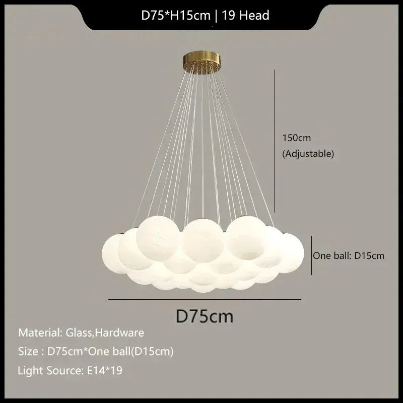 Suspension lumineuse moderne cristal blanc légèrement translucide chaînes métalliques