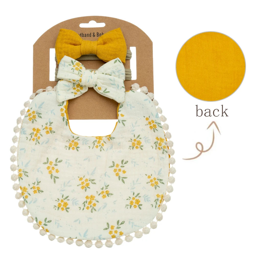 bavoirs bébé fleurs pompons élastiques doux vintage blanc rose jaune bleu gris