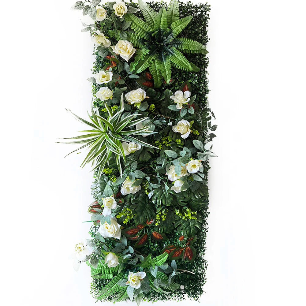 panneau végétal artificiel fleurs roses feuilles vertes décoration murale jardin mariage extérieur intérieur moderne