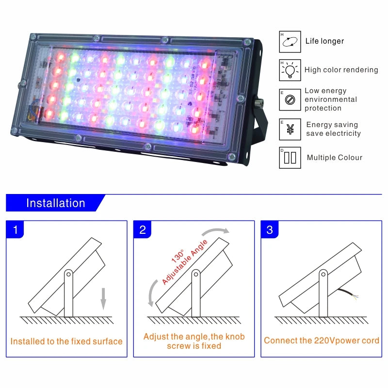 projecteur led noir multicolore ip65 moderne télécommande 220v 50w aluminium