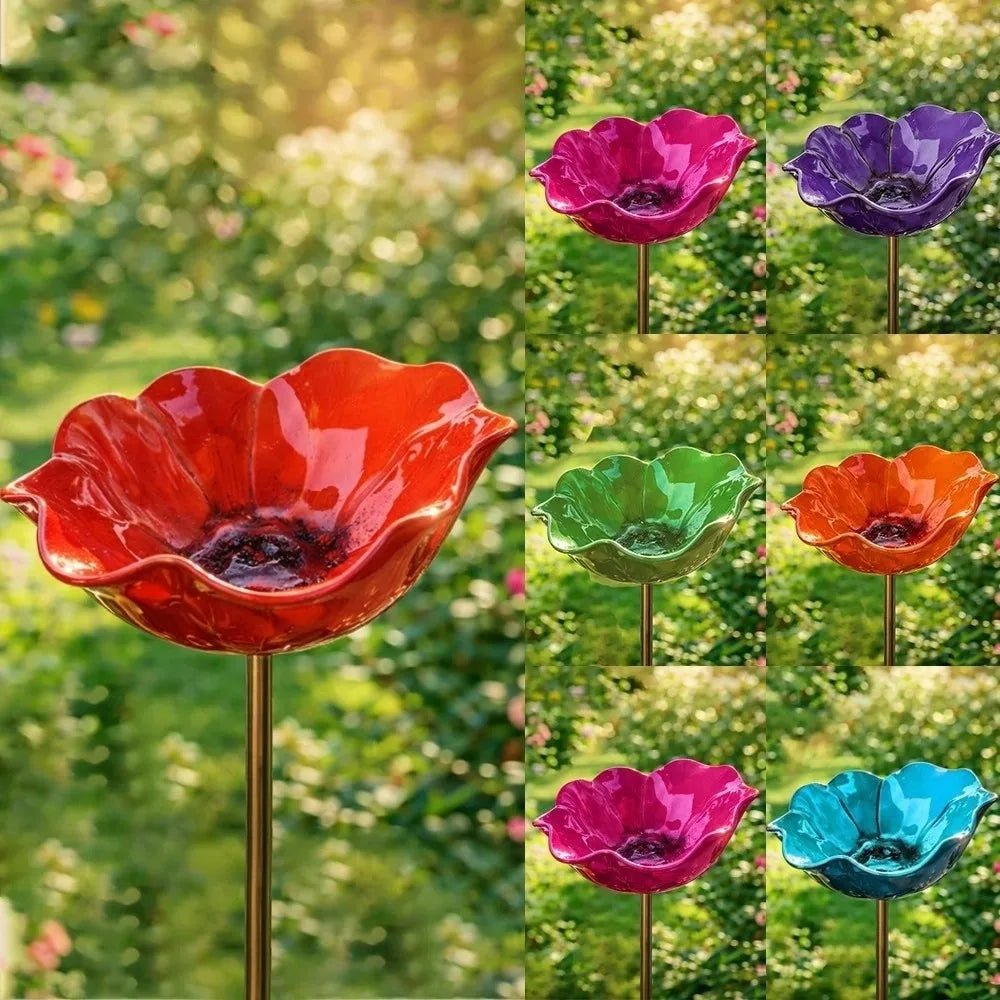 bassin oiseaux rouge forme fleur artisanal tringle inclusionextérieur résistant rouille jardin floral