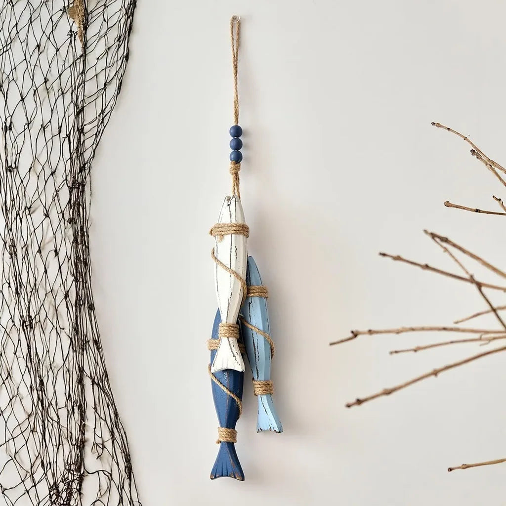 décorations murales marin poissons étoiles mer bois bleu blanc suspendus guirlandes led vintage rustique
