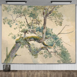 tapisserie murale paysage vintage arbres montagnes personnages cactus céramique beige vert marron gris