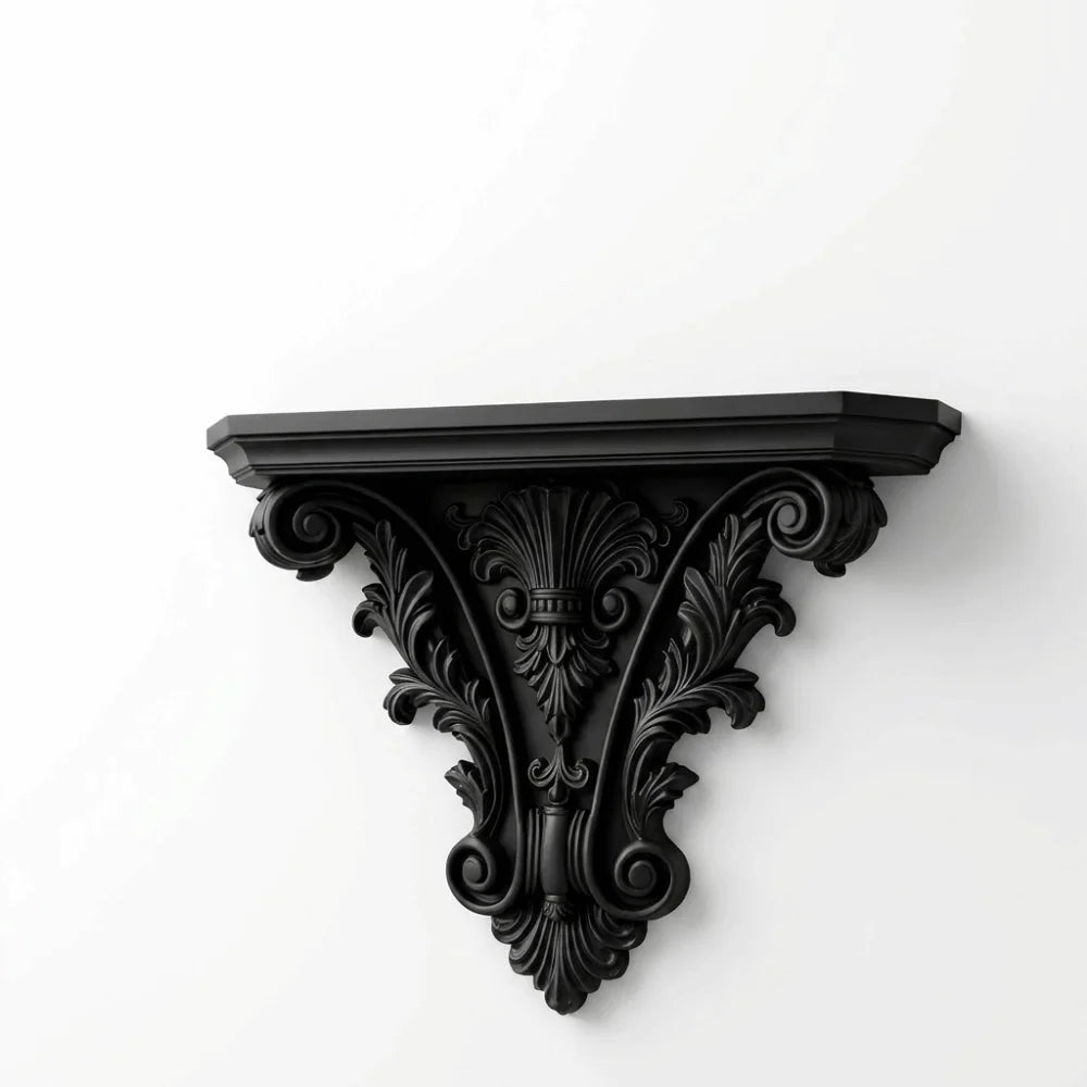 étagère murale décorative noire blanche supports sculptés chandelles bougeoirs vases fleurs petits éléments ornementaux