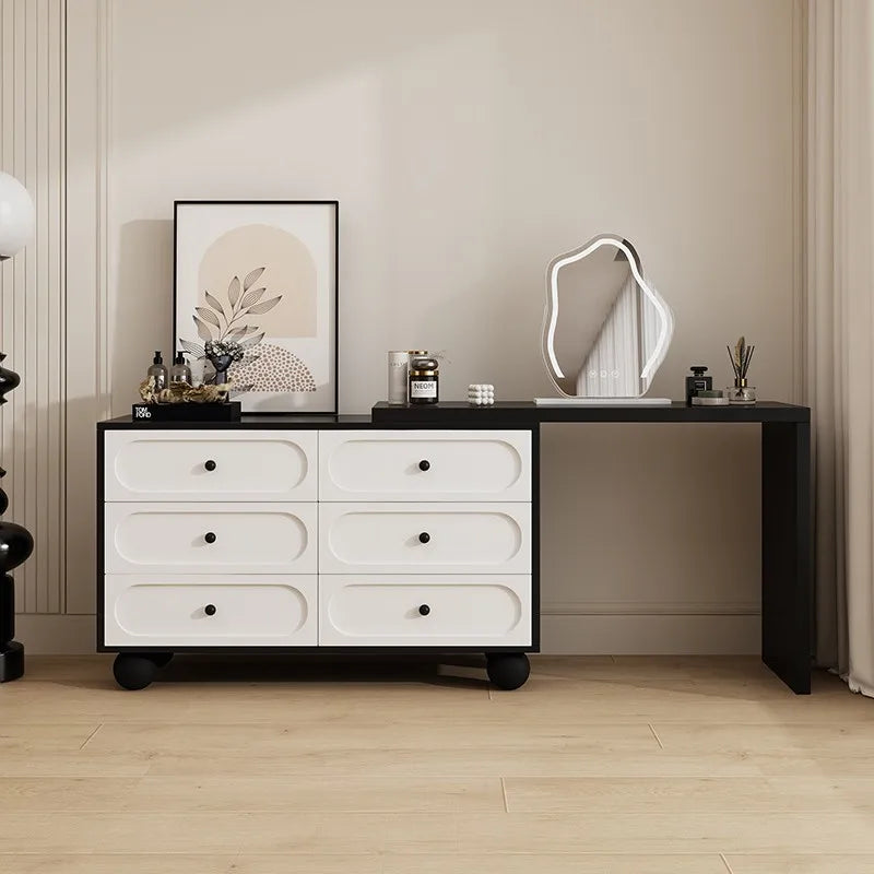 coiffeuse miroir blanc minimaliste moderne commode tiroirs noirs chambre meuble maquillage