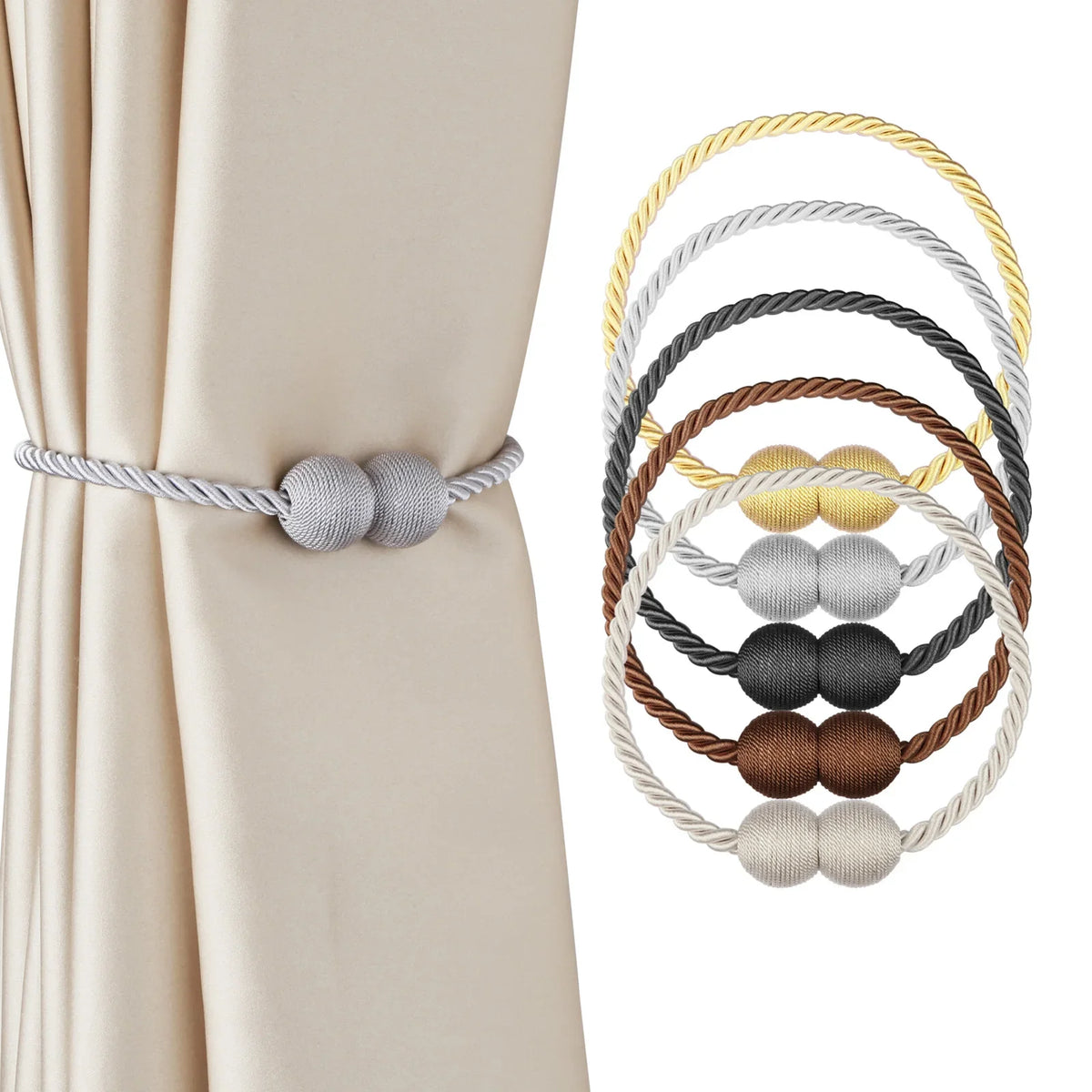 anneaux rideau corde torsadée boules texturées gris beige doré moderne élégant adhésif decor polyeste