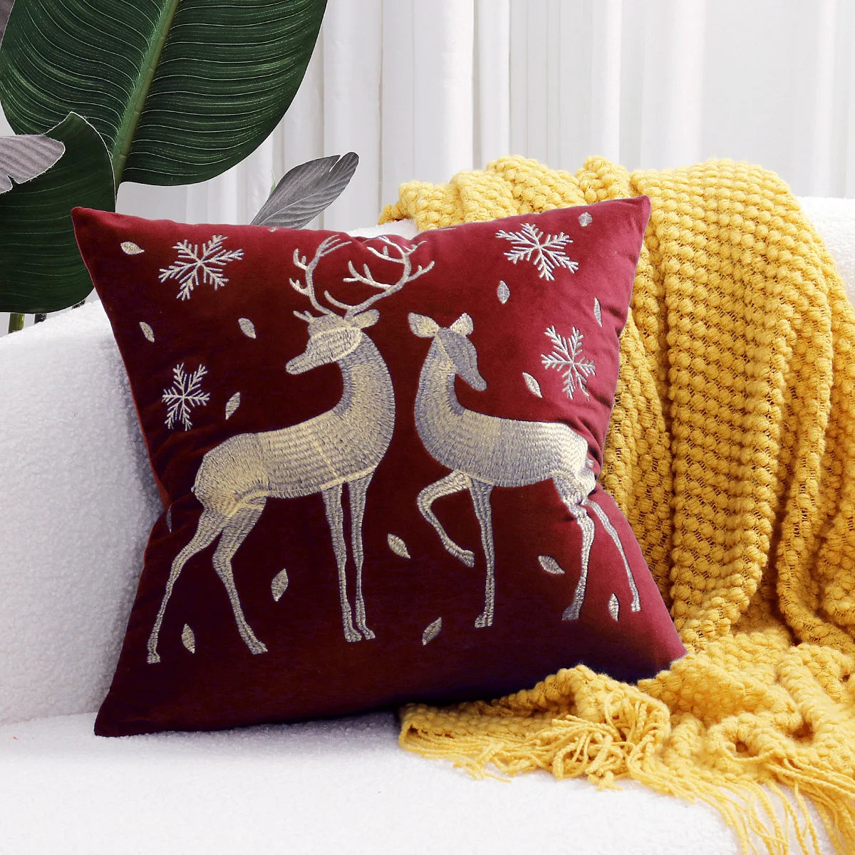 housse coussin velours noël arbre flocons good night rouge vert decoration carré tufted polyester