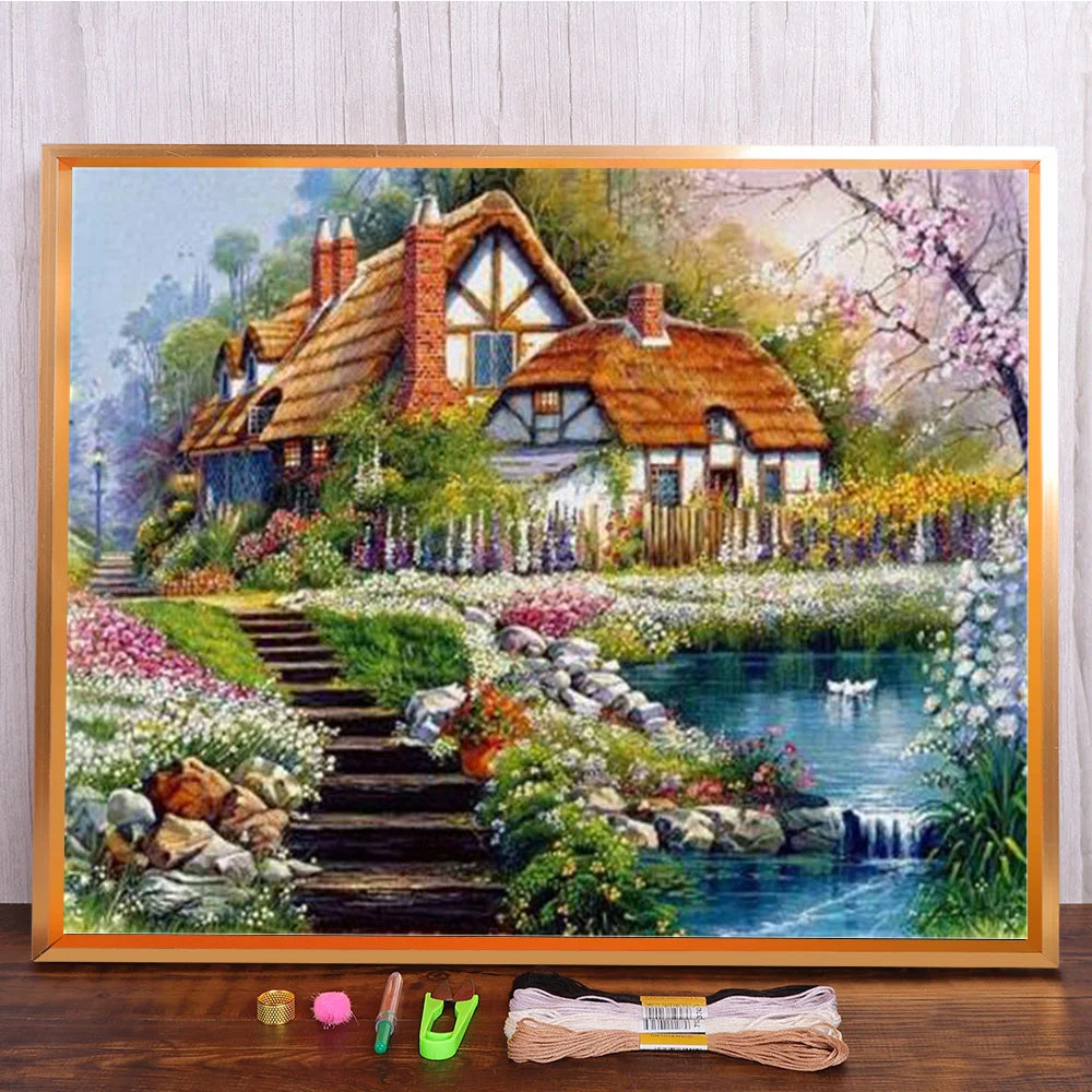 broderie paysage fleurs feuilles multicolore artisanal toile coton fil aiguille guide couleurs échantillons