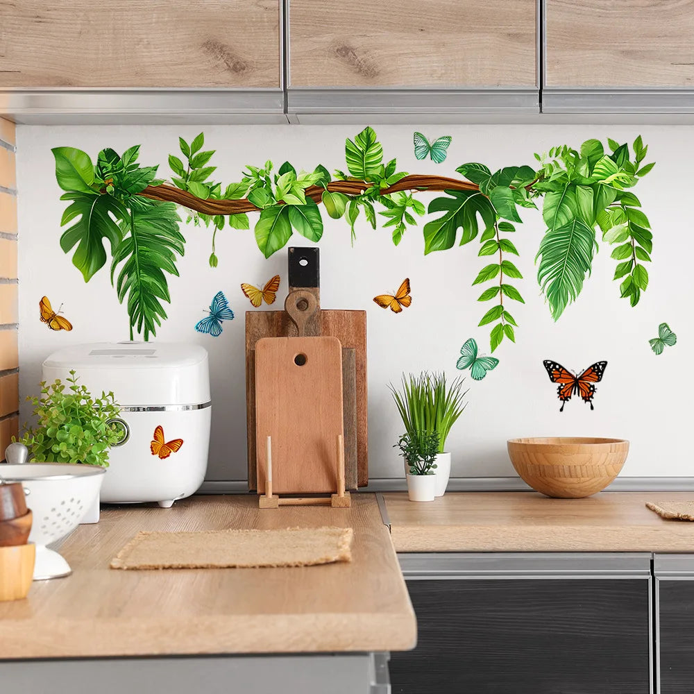 sticker mural papillons feuilles tropicales verte naturelle décoration salon salle bains moderne adhésif auto