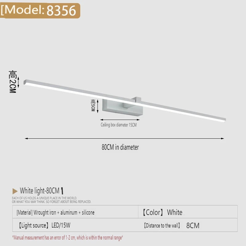 lampe miroir moderne noir blanc led mur 40cm 60cm 80cm 100cm