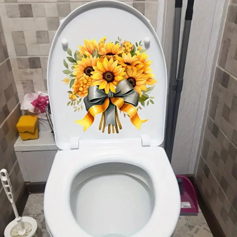 autocollants toilette moderne tournesols jaunes rubans gris vinyle pvc opaque décoration maison blanc
