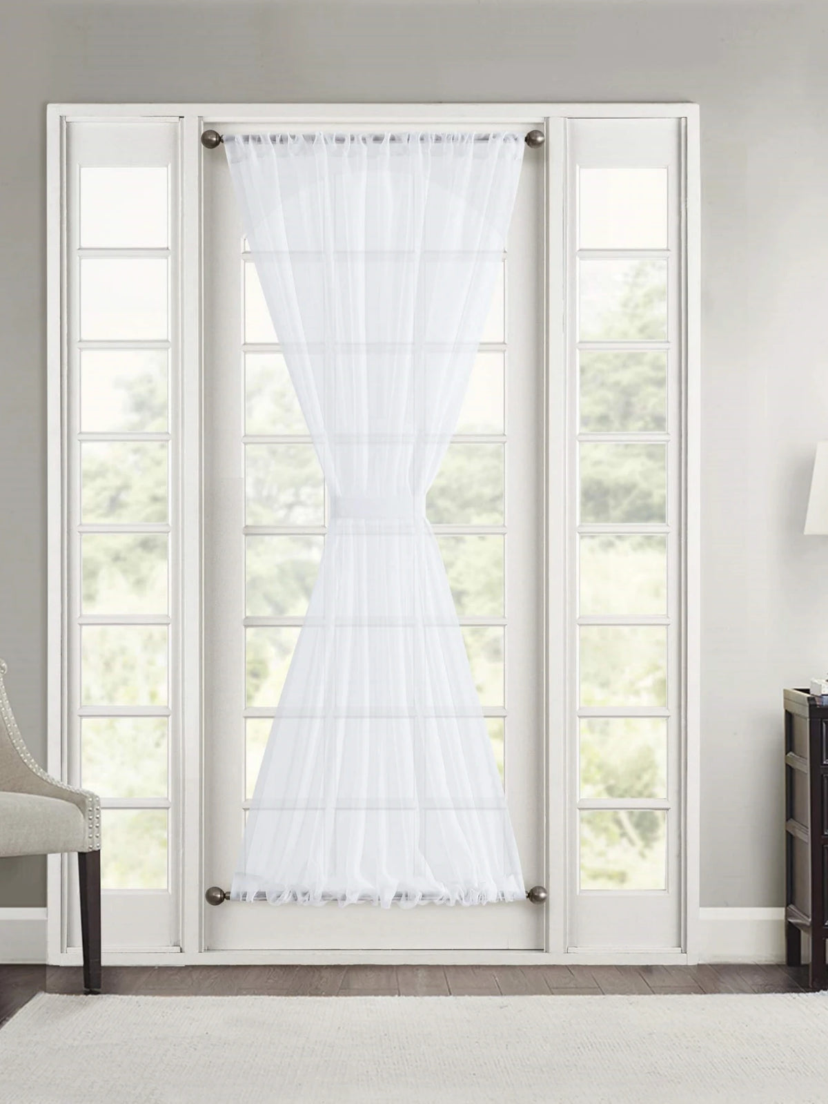 rideau blanc tissé verticalement plissé translucide classique porte d'entrée intérieur maison