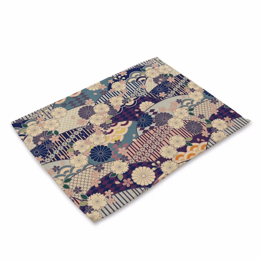 tapis table art japonais traditionnel fleurs motifs géométriques bleu vert rouge beige