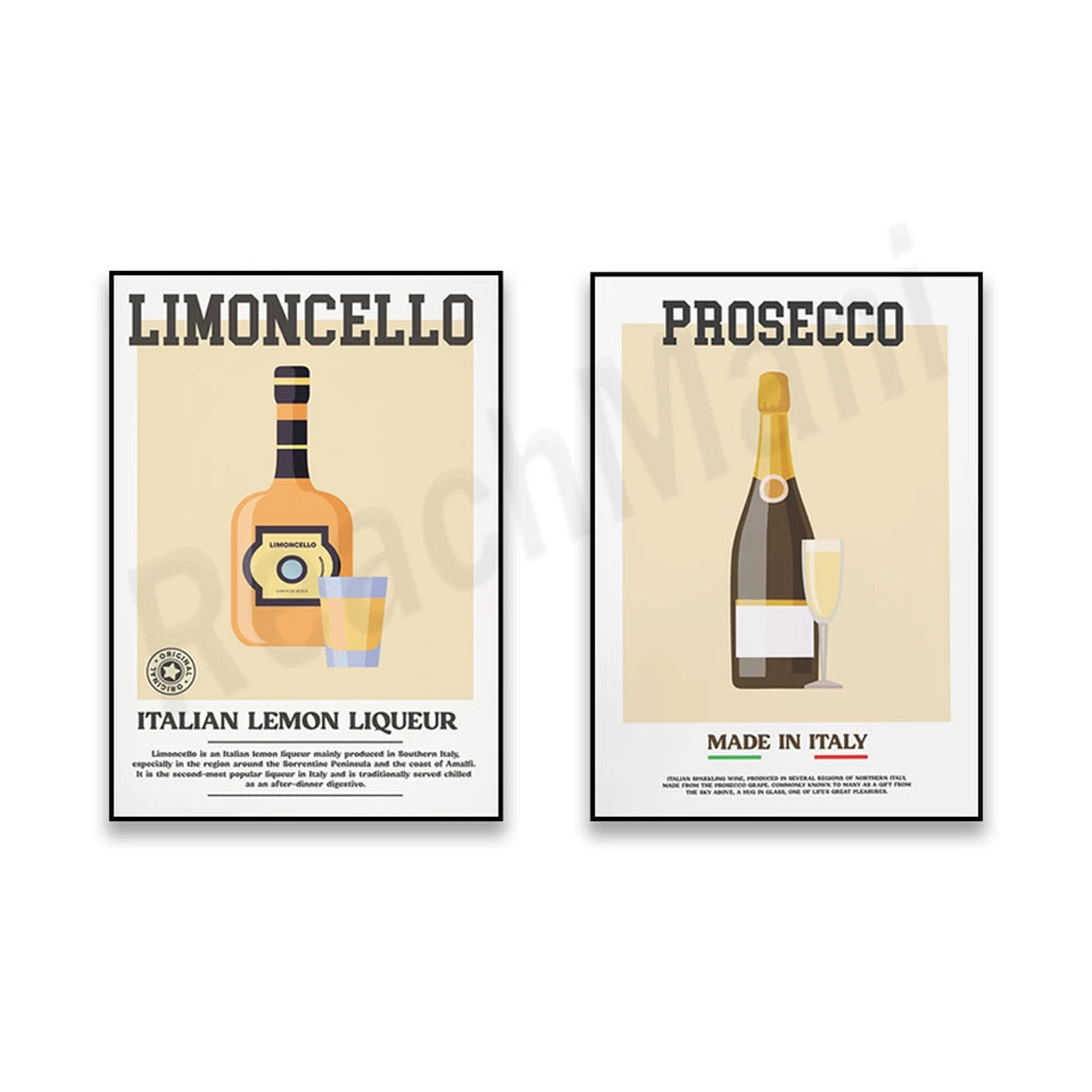 Deux affiches vintage représentant deux produits italiens célèbres : le Limoncello, un digestif au citron, et le Prosecco, un vin mousseux.