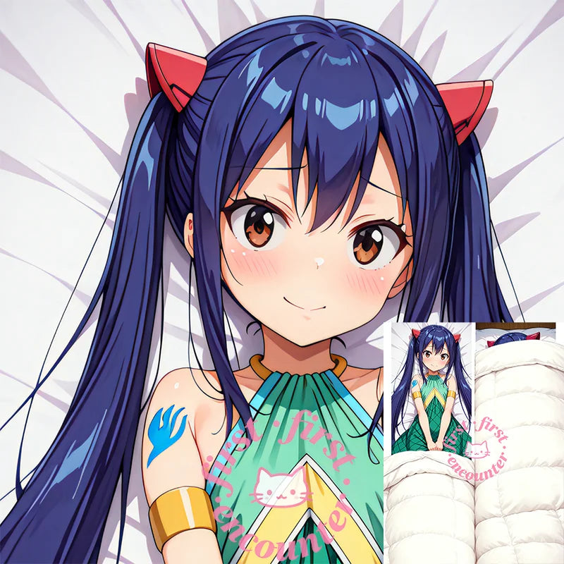 coussin lit anime wendy marvell portrait oreilles chat vert jaune blanc polyester double face