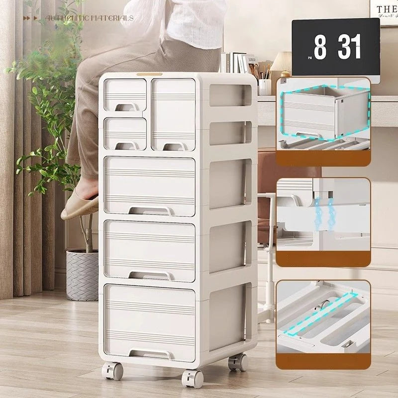 meuble tiroirs rangement moderne beige clair mat poignées roulettes mobile organisateur papier classeurs