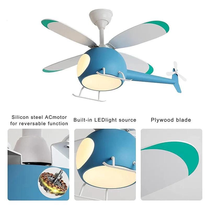 ventilateur moderne hélicoptère bleu rose enfantin led télécommande lumières