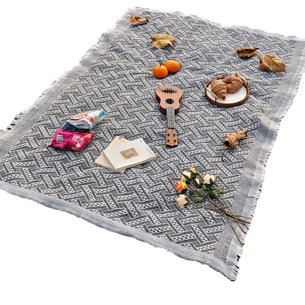 tapis plage rose blanc boho chic rayures diagonales franges pique nique extérieur portable