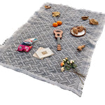 tapis plage rose blanc boho chic rayures diagonales franges pique nique extérieur portable