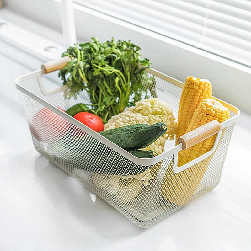 paniers rangement blanc jaune bleu rose noir maille fine moderne pratique poignées bois